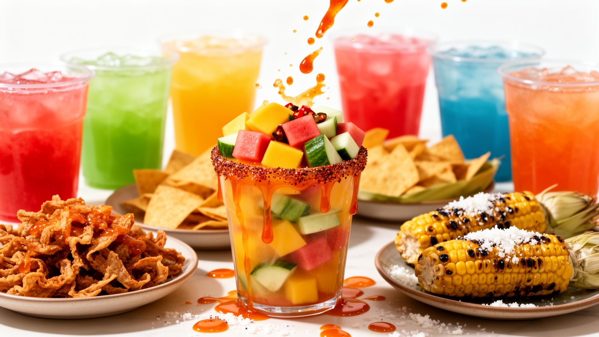 Surtido de snacks mexicanos: mangonadas, fruta preparada, elotes y aguas frescas